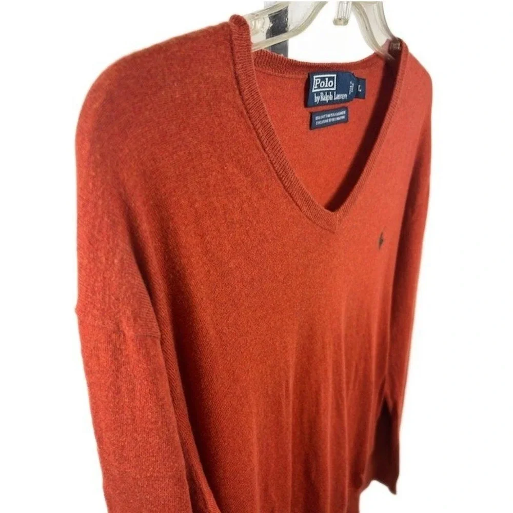 Polo Ralph Lauren V Neck Sweater Mens Size Large Orange‎ Cotton Cashmere Blend